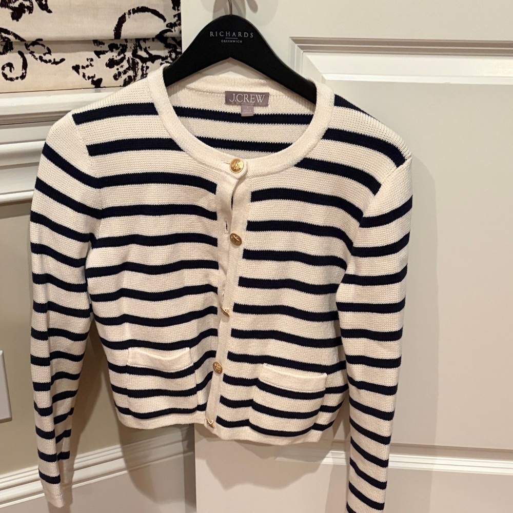 J. Crew Women's Navy and Cream Lady Striped Cardigan